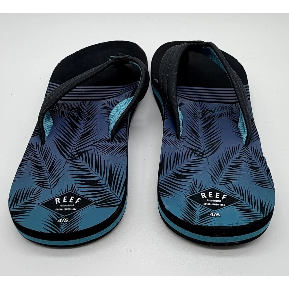 Reef Flip Flop Sandals Unisex Kids 4/5 Black & Blue Palm Leaf